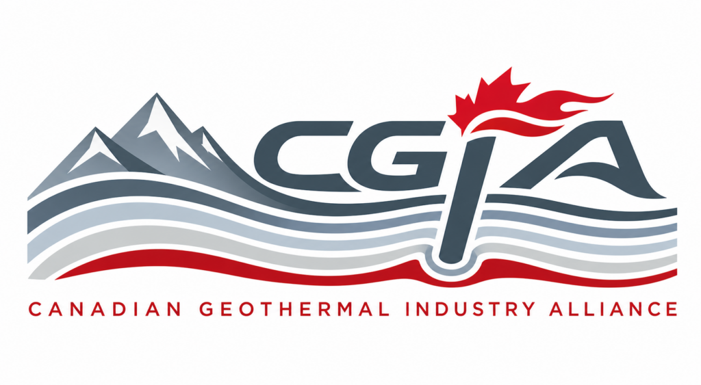 CGIA logo with stylized mountains, blue waves, a red maple flame, and 'Canadian Geothermal Industry Alliance' text.