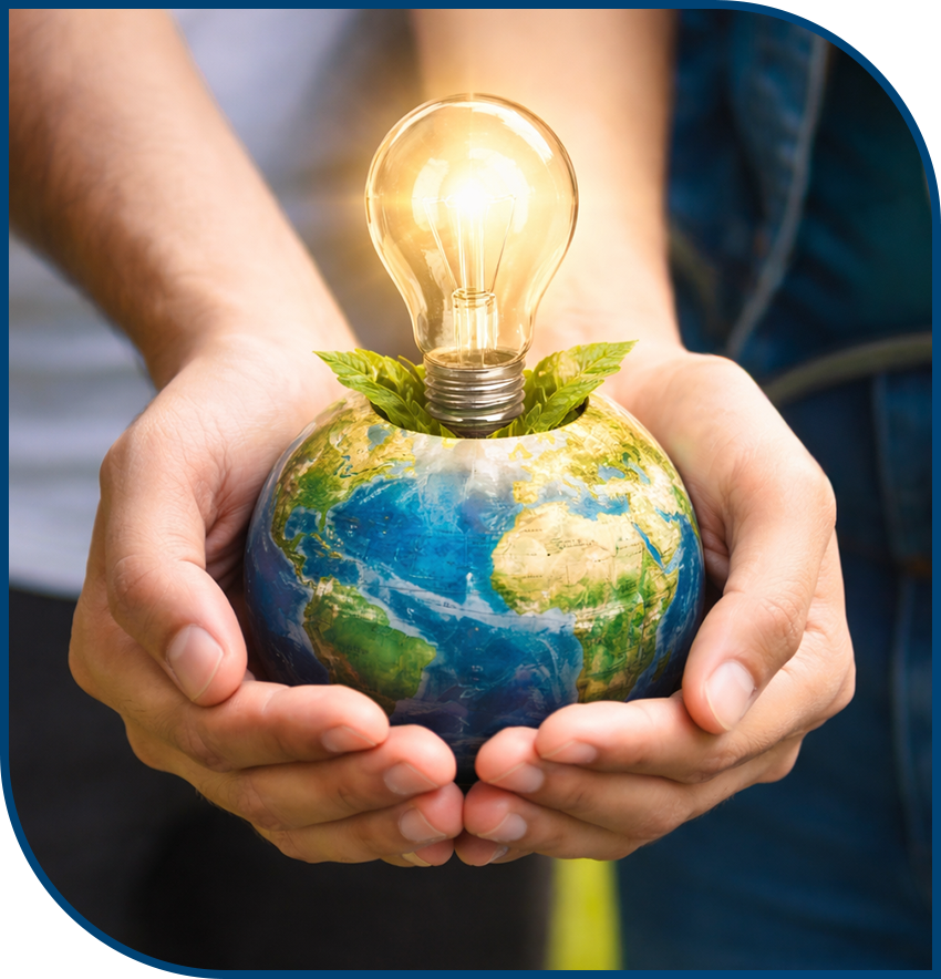 Hands cradle a globe with a glowing lightbulb on top, symbolizing sustainable energy and Earth protection.
